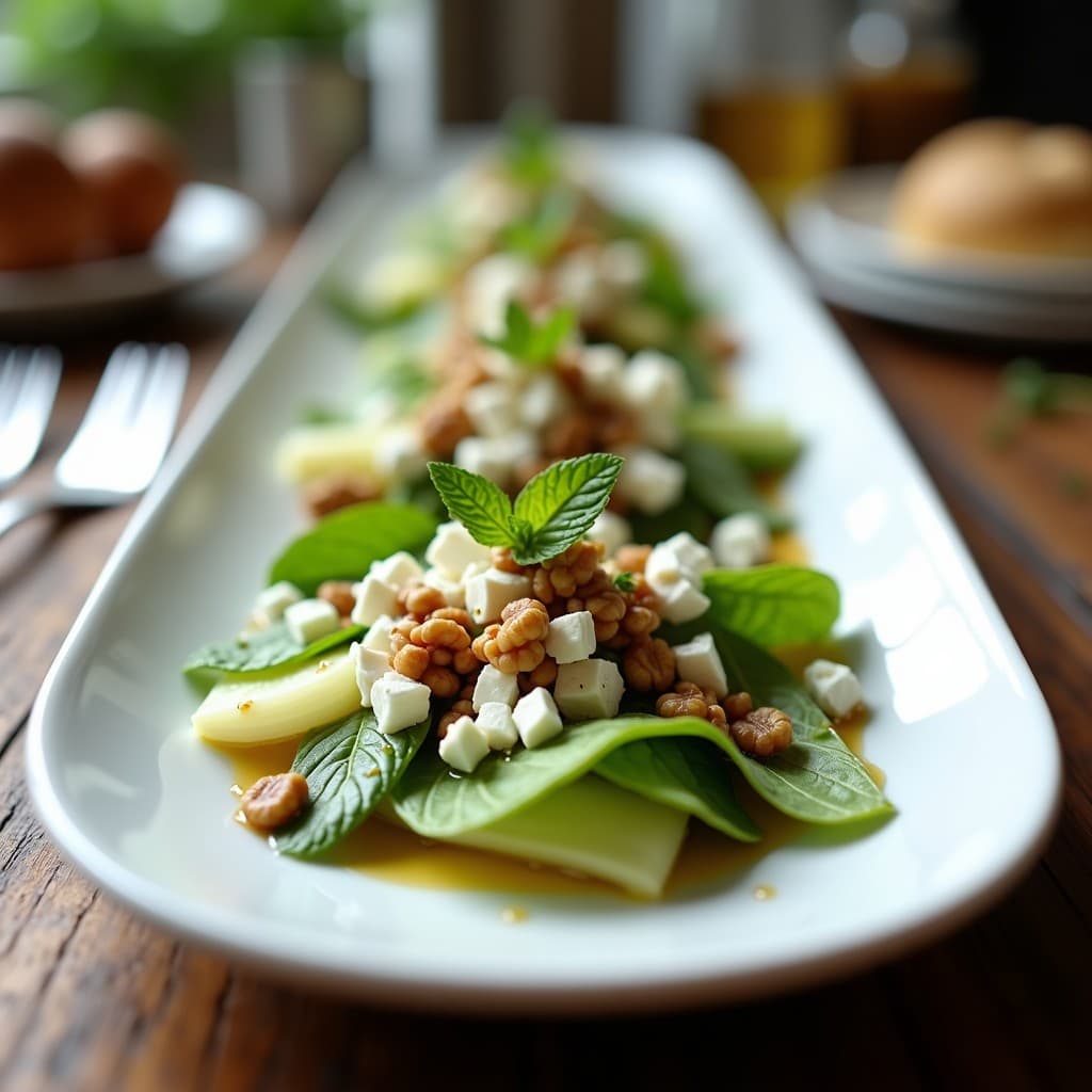 Plato blanco alargado con ensalada de endibias frescas, trozos de queso de burro cremoso, nueces tostadas doradas y vinagreta de miel de eucalipto brillante. Decorado con hojas de menta y cebollino picado, sobre fondo de madera rústica. Receta griega gourmet.