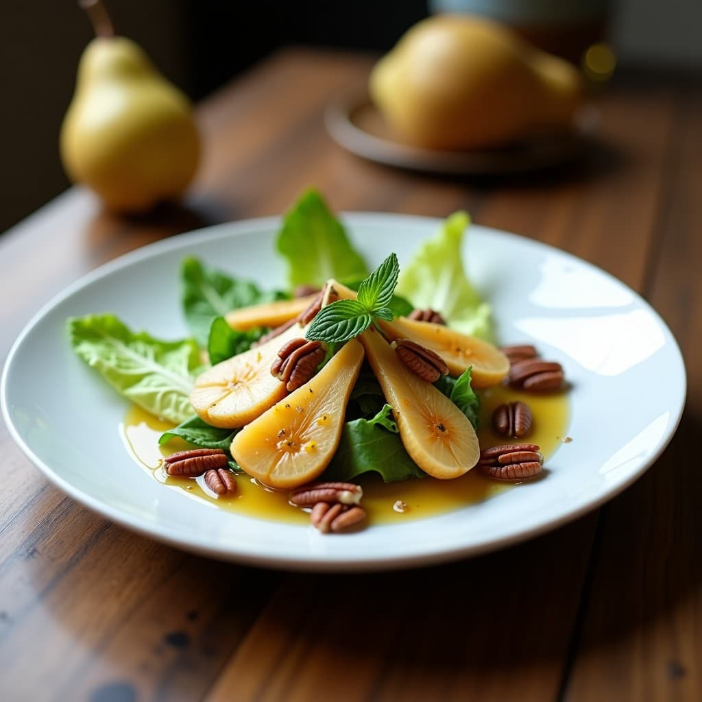 Ensalada belga elegante en plato blanco con hojas de endibias frescas, gajos de pera dorados caramelizados en vino blanco, nueces pecanas tostadas y vinagreta brillante. Decorada con hojas de menta fresca.