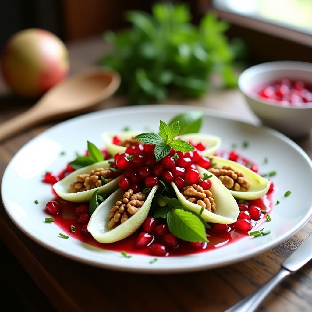 Ensalada francesa vegana de hojas de endibia crujientes con granos de granada rojos brillantes, nueces tostadas doradas y vinagreta de granada emulsionada, servida en plato blanco de porcelana con decoración de menta fresca.