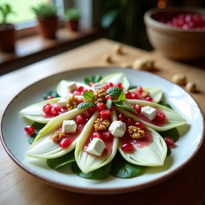 Ensalada francesa keto de hojas de endibia blancas con vinagreta rosada de granada, cubos de queso feta y nueces troceadas, servida en plato blanco rústico sobre fondo de madera clara.