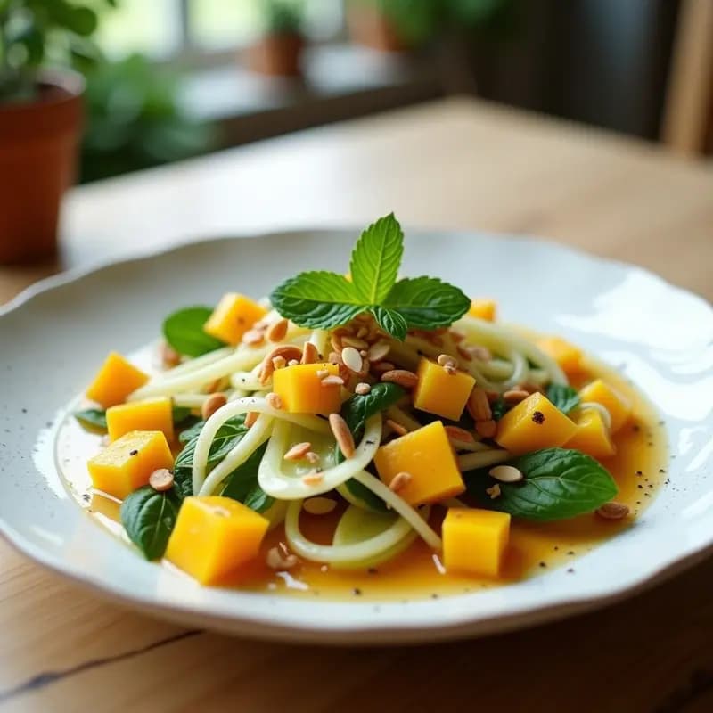 Ensalada fresca de endibias en juliana con cubos de mango dorado, cebolla morada, almendras tostadas y hojas de menta, bañada en una vinagreta brillante de mango y chile. Plato blanco rústico sobre fondo de madera clara.