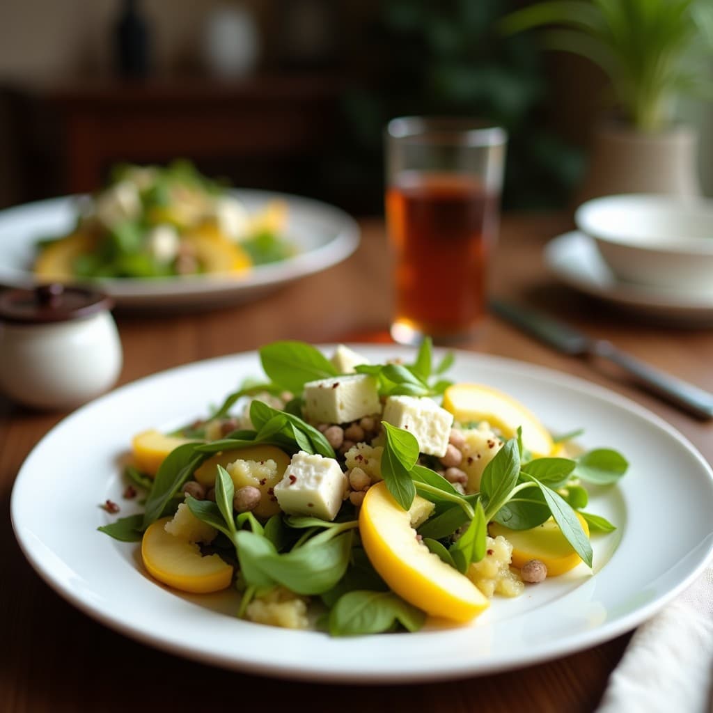 Ensalada francesa crunch con hojas de endivias blancas y moradas, láminas de manzana verde Granny Smith, cubos de queso de anacardos cremoso, nueces de macadamia tostadas y semillas de amapola, aliñada con vinagreta dorada sobre un plato de cerámica blanca.