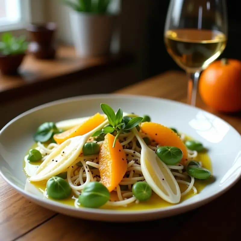Ensalada fresca de hojas de endivia blanca con gajos de naranja sanguina, filetes de anchoas y almendras tostadas, aliñada con vinagreta brillante. Plato keto listo en 10 minutos.