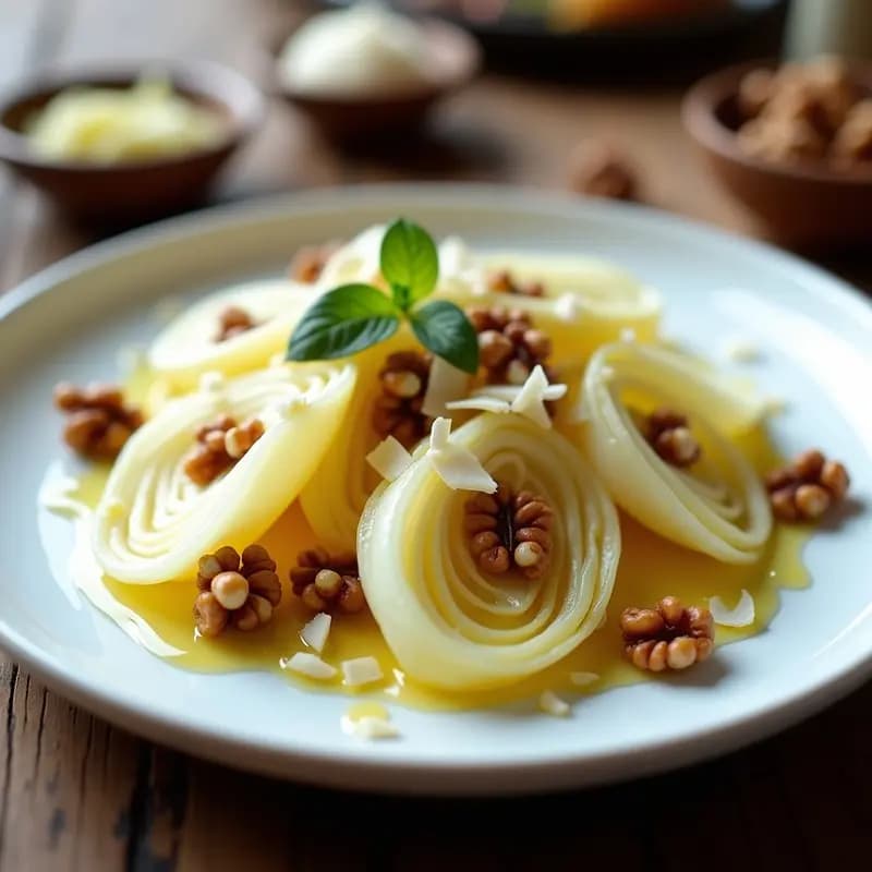 Ensalada italiana de endivias frescas con hojas blancas y amarillas, nueces tostadas troceadas, virutas de parmesano y vinagreta de miel de trufa brillante, servida en plato blanco sobre fondo rústico.
