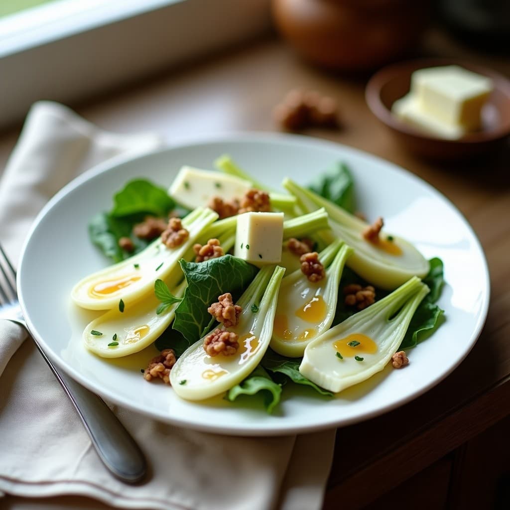 Plato blanco ovalado con ensalada de endivias en gajos, trozos de queso roquefort cremoso, nueces tostadas y cebollino picado, bañada con vinagreta dorada de miel y mostaza. Fondo rústico con servilleta de lino y tenedor de plata.