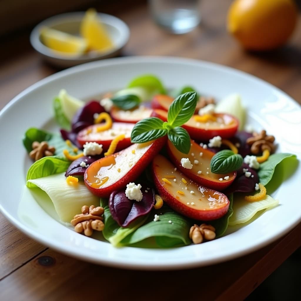 Ensalada belga de hojas de endivia frescas con gajos de pera caramelizada en vino tinto, queso de cabra desmenuzado, nueces tostadas y vinagreta balsámica, servida en fuente blanca de porcelana.