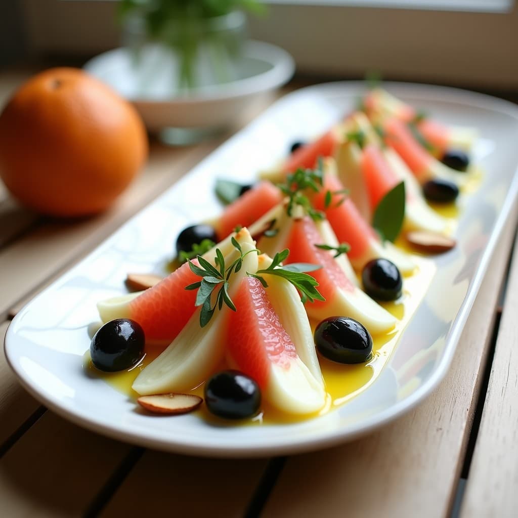 Ensalada francesa en plato blanco alargado con endivias frescas en cuartos, gajos de pomelo rosa, aceitunas negras de Nyons y almendras tostadas, bañada en vinagreta dorada y decorada con cebollino picado.