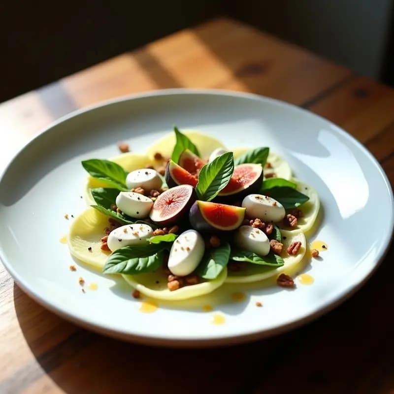 Ensalada italiana crudivegana en plato blanco: hojas de endivias belgas en juliana, trozos cremosos de queso de búfala vegano, higos frescos en cuartos y vinagreta brillante de color ámbar. Decorada con nueces pecanas tostadas, hojas de albahaca y un hilo de vinagreta de higos.
