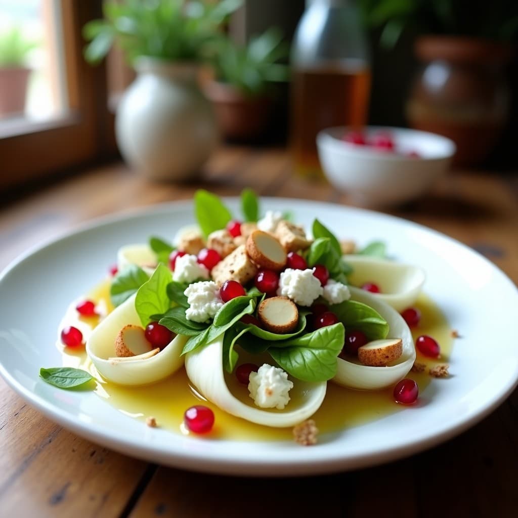 Ensalada francesa ligera con hojas de endivias belgas, trozos de queso de cabra semimaduro, granos de granada rojos brillantes y almendras fileteadas doradas. Servida en plato blanco con vinagreta de miel y estragón, decorada con hebras de estragón fresco.