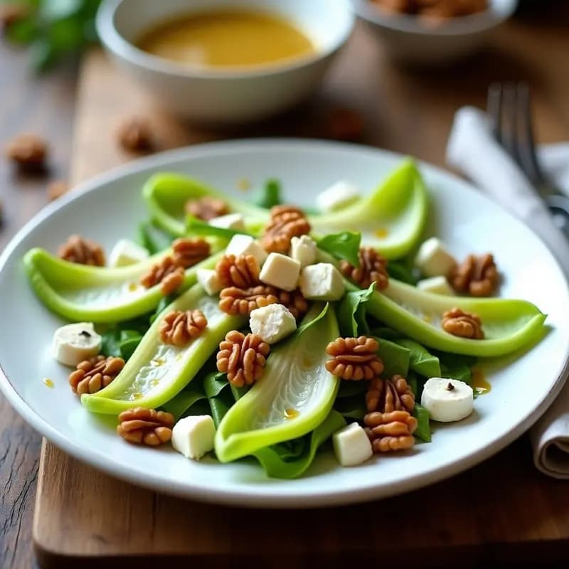 Ensalada francesa keto en plato blanco: hojas de endivias frescas, trozos de queso de cabra cremoso y nueces caramelizadas doradas. Aliño brillante con vinagreta de mostaza y aceite de oliva. Fondo rústico de madera con luz natural.