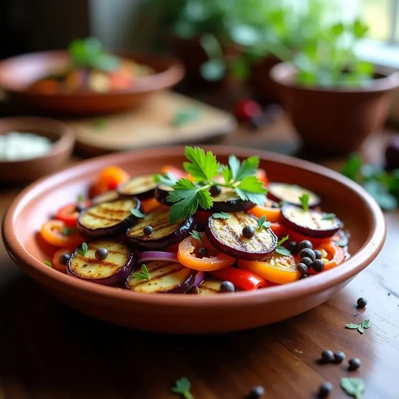 Plato hondo de barro con ensalada de escabeche, berenjenas ahumadas en rodajas, cebolla morada, pimiento rojo y anchoas, bañadas en vinagre y aceite de oliva, decoradas con perejil fresco.
