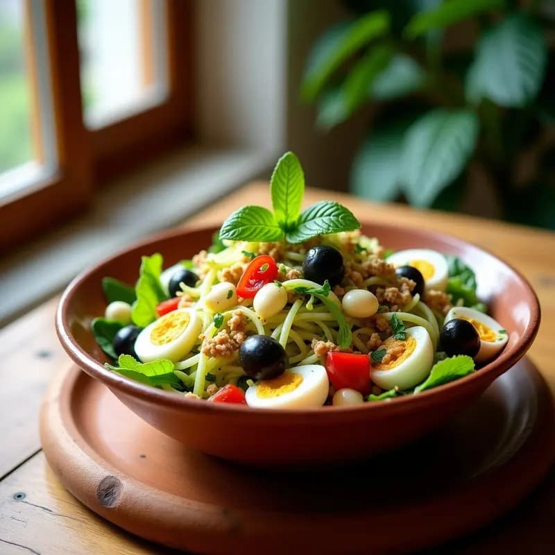 Ensalada murciana fresca en fuente de barro con escarola verde, boquerones en vinagre, anchoas, aceitunas negras, cebolla morada y pimiento asado, decorada con hierbabuena y huevo duro picado.