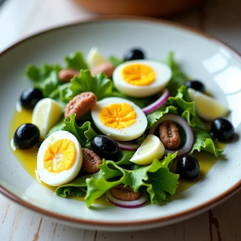 Bol de madera rústico con ensalada de escarola fresca, filetes de anchoas, huevos duros cortados en cuartos, aceitunas negras y cebolla morada en juliana, aliñada y lista para servir.