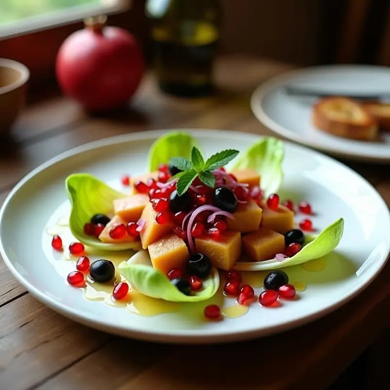 Ensalada navideña andaluza de escarola fresca con granos de granada rojos brillantes, trozos de ventresca de atún y almendras tostadas, servida en plato blanco con vinagreta dorada y hojas de hierbabuena.