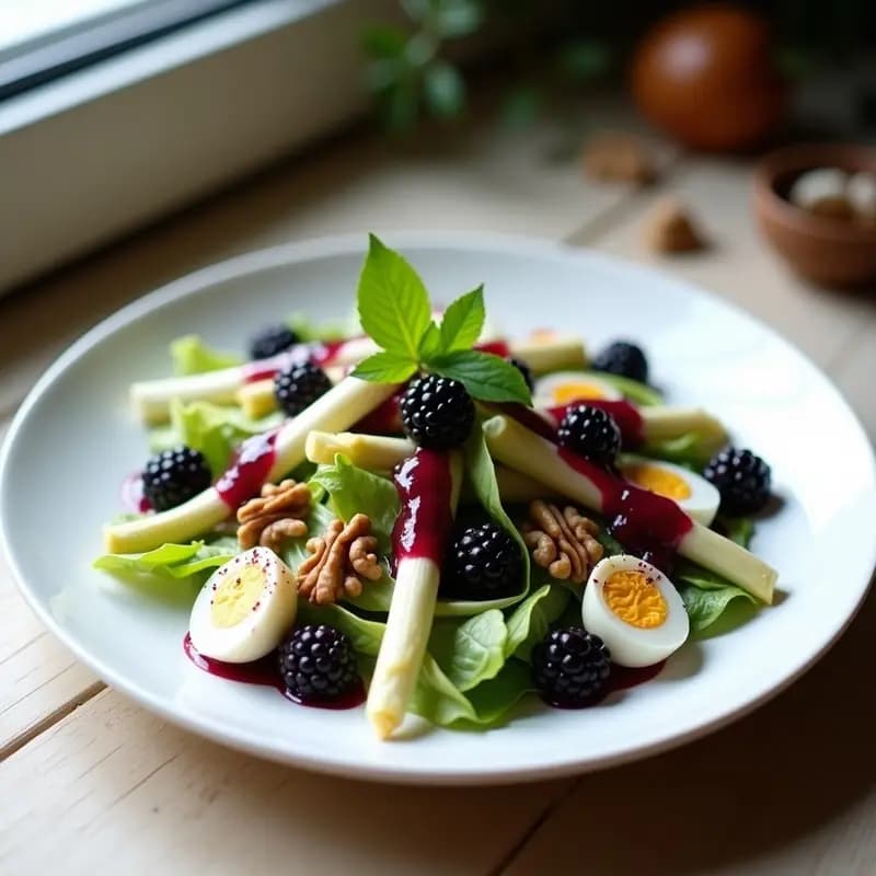 Ensalada fresca de espárragos blancos en trozos, hojas de endivia, huevo duro en cuartos y nueces tostadas, bañada con vinagreta de frutos del bosque de color morado intenso, servida en plato blanco rústico sobre fondo de madera clara.