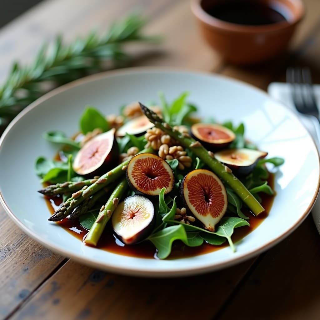 Ensalada tibia francesa en plato blanco: espárragos trigueros asados, higos frescos caramelizados, queso de cabra desmenuzado y nueces pecanas tostadas sobre base de rúcula, con vinagreta balsámica brillante.