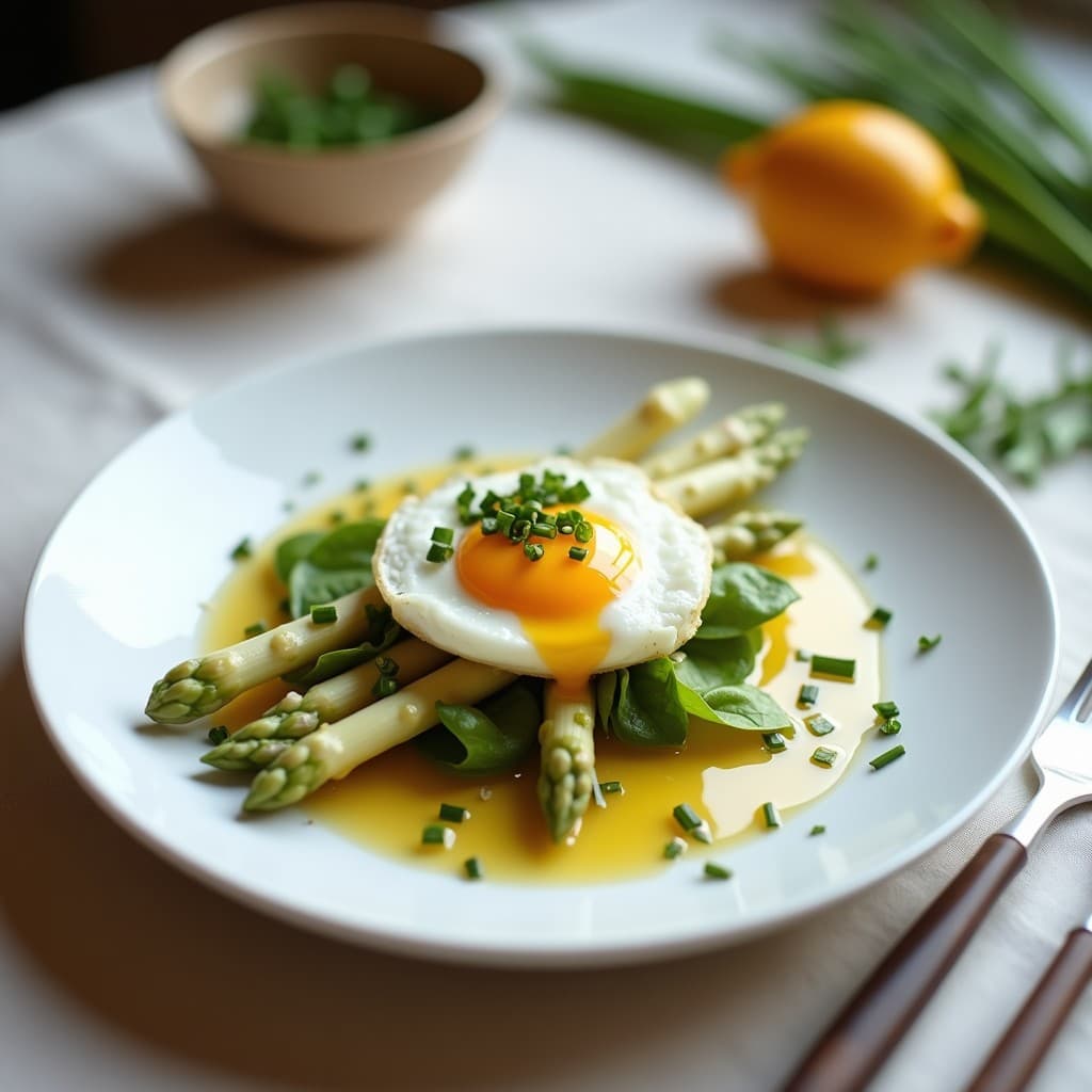 Plato blanco elegante con ensalada tibia de espárragos blancos dispuestos en abanico, huevo escalfado con yema líquida encima, bañados en vinagreta de mostaza antigua dorada y decorados con cebollino fresco y virutas de queso emanchego. Fondos neutros y luz natural resaltando la textura cremosa del huevo y el brillo de la vinagreta.