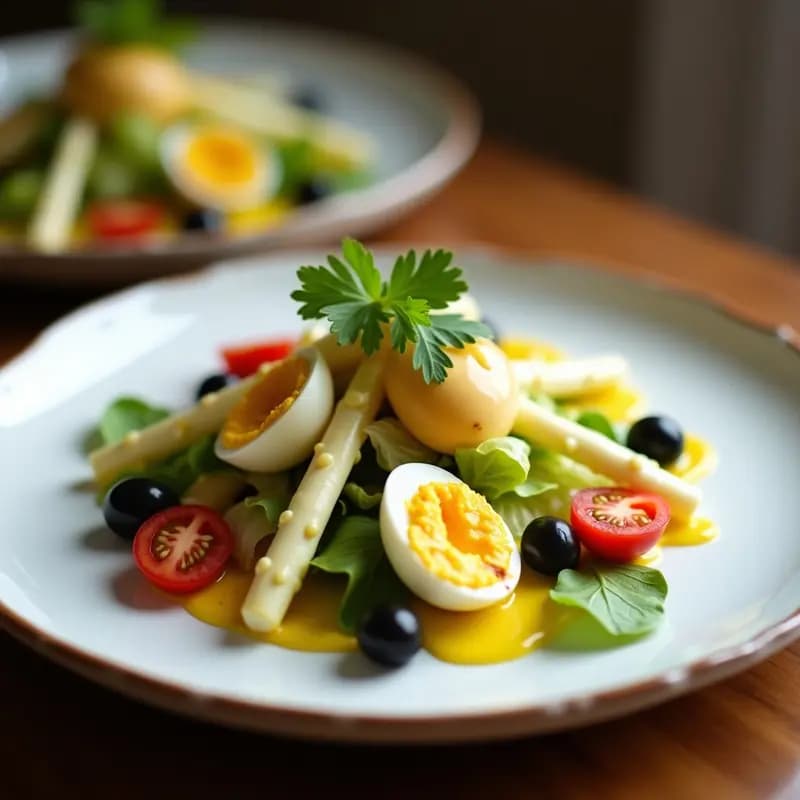 Ensalada española gourmet con espárragos blancos en trozos, huevos de codorniz pelados enteros, tomates cherry, aceitunas negras y lechuga romana, bañada con alioli de azafrán cremoso y dorado, servida en plato blanco rústico.