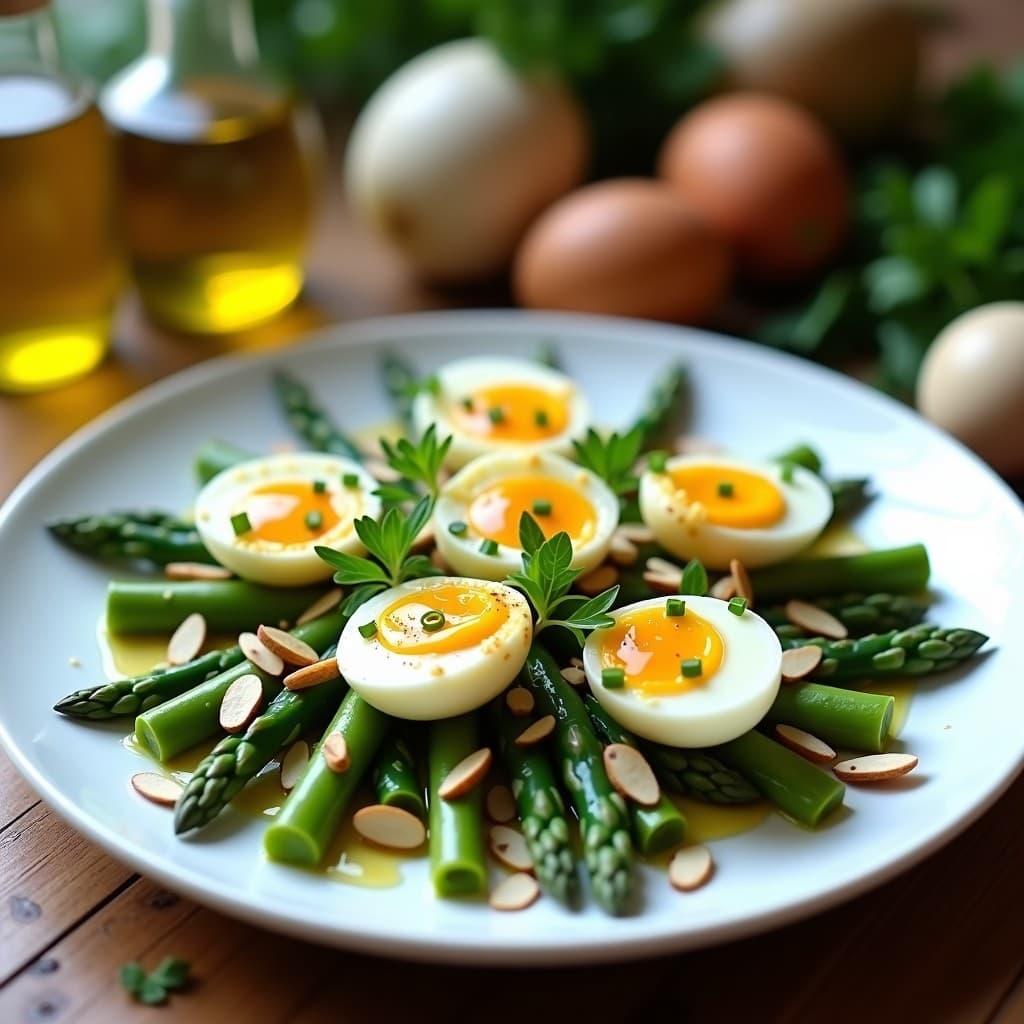 Plato blanco ovalado con ensalada cálida de espárragos trigueros salteados, huevos de codorniz fritos con yema líquida, cebolla morada picada y alcaparras, bañados en vinagreta de mostaza Dijón. Decorado con hojas de menta fresca y queso feta desmenuzado. Receta griega keto alta en proteínas.