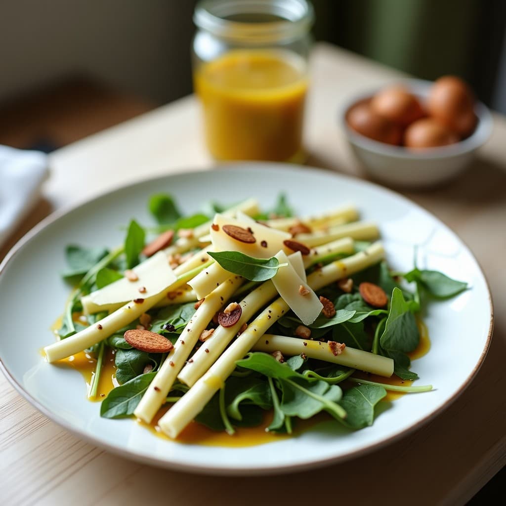 Ensalada italiana de primavera con espárragos blancos en rodajas diagonales, hojas de rúcula baby, virutas finas de parmesano envejecido y almendras tostadas, bañada en una vinagreta dorada de aceite de trufa, servida en un plato blanco rústico sobre fondo de madera clara.