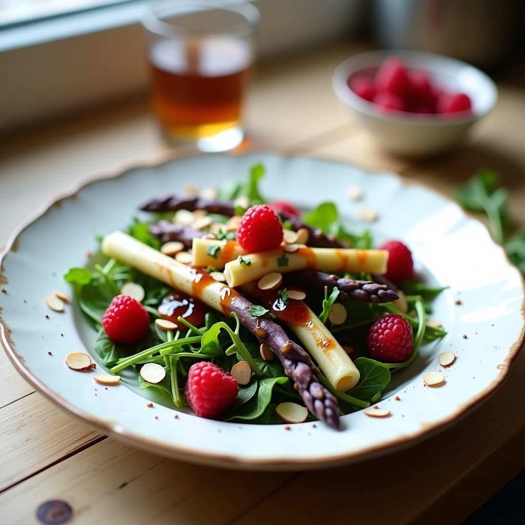 Ensalada francesa fresca de espárragos blancos en bastones y morados enteros, dispuestos sobre una base de rúcula baby, con frambuesas partidas, almendras fileteadas tostadas y un hilo de vinagreta de frambuesa y balsámico. Decorada con cebollino picado y servida en un plato blanco rústico.