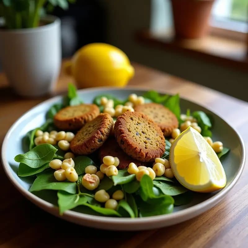 Ensalada fresca judía con falafel dorado y crujiente, granos de granada rojos brillantes, lechuga romana verde, rodajas de pepino persa y vinagreta de limón amarilla, servida en plato blanco rústico.