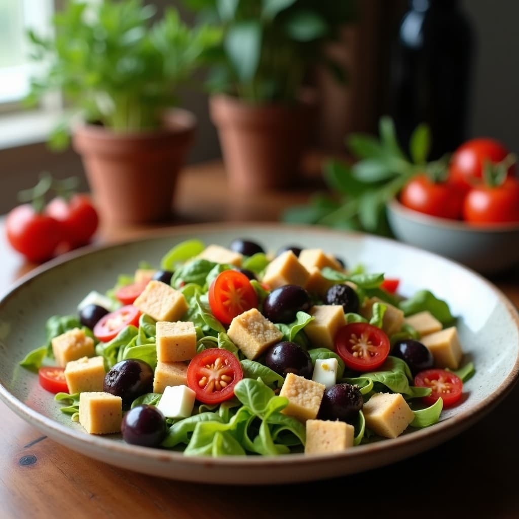 Ensalada italiana de farro perlado con escamas de Grana Padano, uvas negras cortadas por la mitad, rúcula fresca, piñones tostados y cebolla morada en juliana, servida en un plato blanco rústico con aderezo de vinagre balsámico y miel.