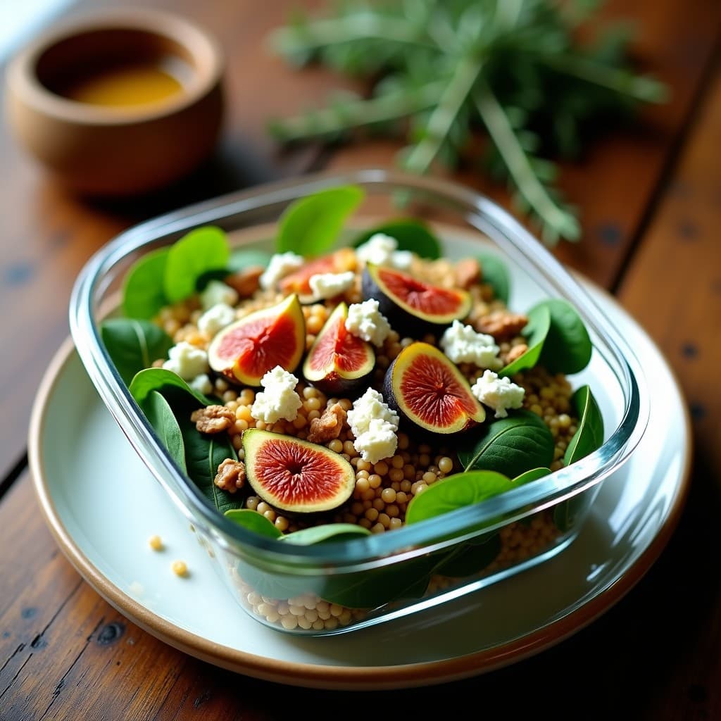 Ensalada griega para tupper en recipiente transparente con farro perlado, higos asados dorados, queso azul desmenuzado, espinacas baby, nueces y vinagreta de miel y tomillo. Fondos de madera rústica y hierbas frescas.