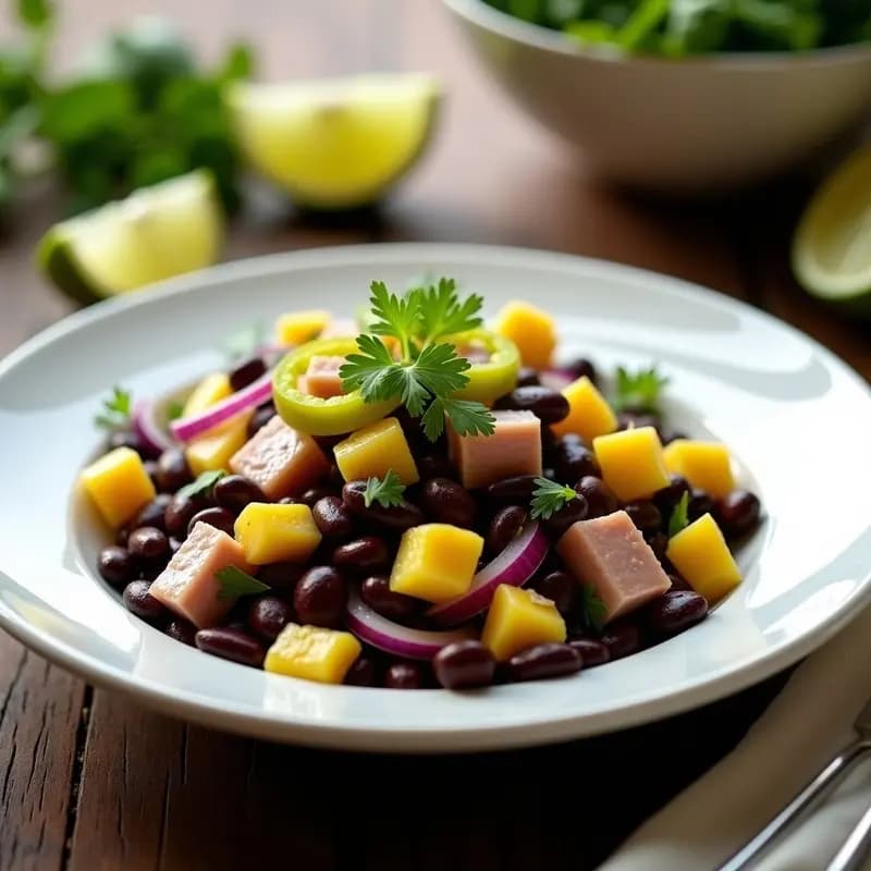Ensalada Fatal de Frijoles Negros y Atún en un plato hondo de cerámica blanca, con trozos de atún, frijoles negros, maíz tierno, papa amarilla, cebolla morada y cilantro fresco, decorada con rodajas de ají limón y un toque de aceite de oliva.