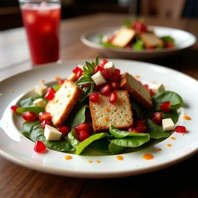 Ensalada Fatoush libanesa crujiente en plato hondo de cerámica blanca, con trozos dorados de pan de pita, láminas de queso Haloumi a la plancha, semillas de granada rojas vibrantes, tomates, pepino y hierbas frescas. Aderezo brillante de limón y sumac espolvoreado por encima.