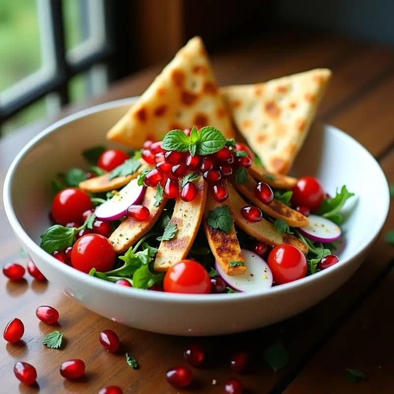 Ensalada Fatoush libanesa en bol de cerámica blanca, con pan pita tostado dorado, trozos de pollo a la parrilla, granos de granada brillantes, tomates cherry rojos y hierbas frescas. Vinagreta espesa y especias visibles en el fondo. Receta alta en proteína y sin lácteos.