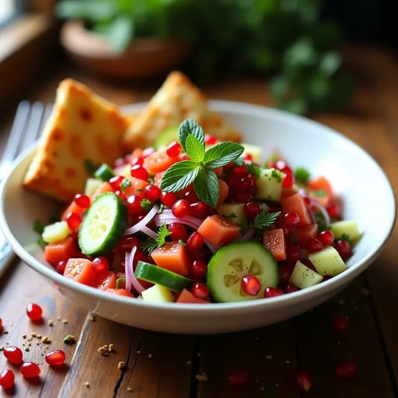 Ensalada Fatoush libanesa fresca con pan árabe tostado crujiente, granos de granada rojos vibrantes, tomates, pepino y hierbas verdes, servida en un bol de cerámica blanca sobre una mesa de madera rústica.