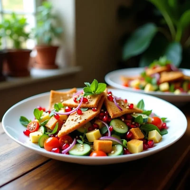 Ensalada Fattoush libanesa gourmet en bol de cerámica blanca, con granos de granada rojos brillantes, cubos dorados de queso halloumi, triángulos de pan pita tostado, rodajas de pepino, tomates cherry y hojas de menta. Decorada con semillas de sésamo y bañada en vinagreta especiada.