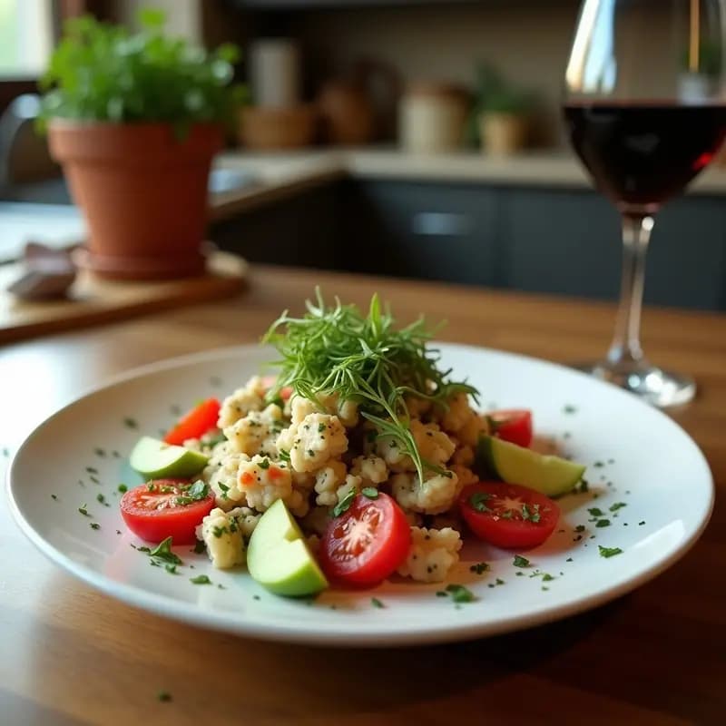 Ensalada crudivegana libanesa fattoush con granadina y mentha fresca, servida en un bol de barro con semillas de girasol y lino tostadas, aliño dorado y hojas de lechuga romana.