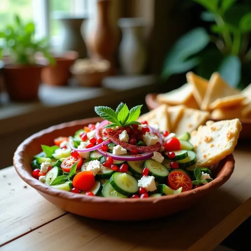 Ensalada Fattoush libanesa con semillas de granado rojas brillantes, trozos de pan pita dorado y crujiente espolvoreado con zaatar, queso feta desmenuzado blanco, rábanos rojos en rodajas, cebolla morada en juliana y hojas de menta fresca. Servida en un plato hondo de barro con una vinagreta dorada vertida por encima, sobre un fondo rústico de madera.