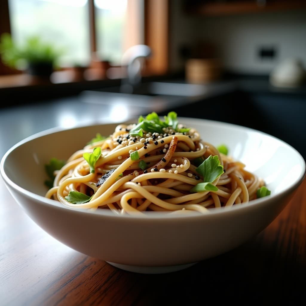 Ensalada japonesa vegana de fideos soba fríos con puerro en rodajas finas, rabanitos daikon, semillas de sésamo blanco y negro tostadas, y aderezo de tamari, servida en un bol de cerámica blanca con decoración de alga nori y cebollino.