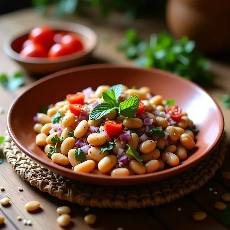 Ensalada egipcia de f űl medames con habas estofadas cremosas, cebolla morada en juliana, tomate rojo y hierbas frescas, decorada con semillas de sésamo y hojas de hierbabuena sobre un plato de barro rústico.