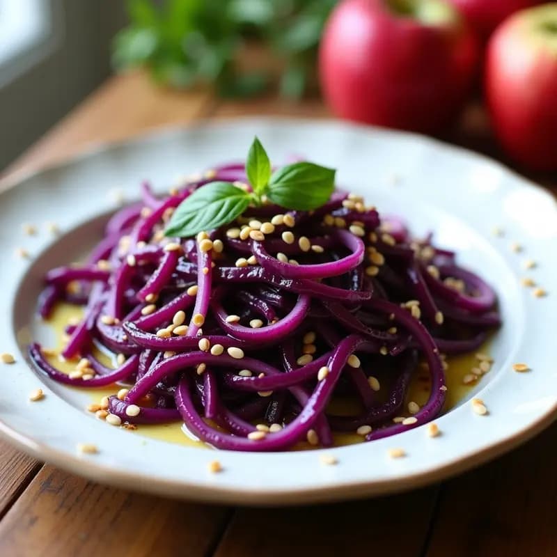 Ensalada francesa keto de fundue de repollo morado y manzana verde en juliana, con aderezo de vinagre de sidra y semillas de sésamo tostadas, servida en plato blanco rústico.