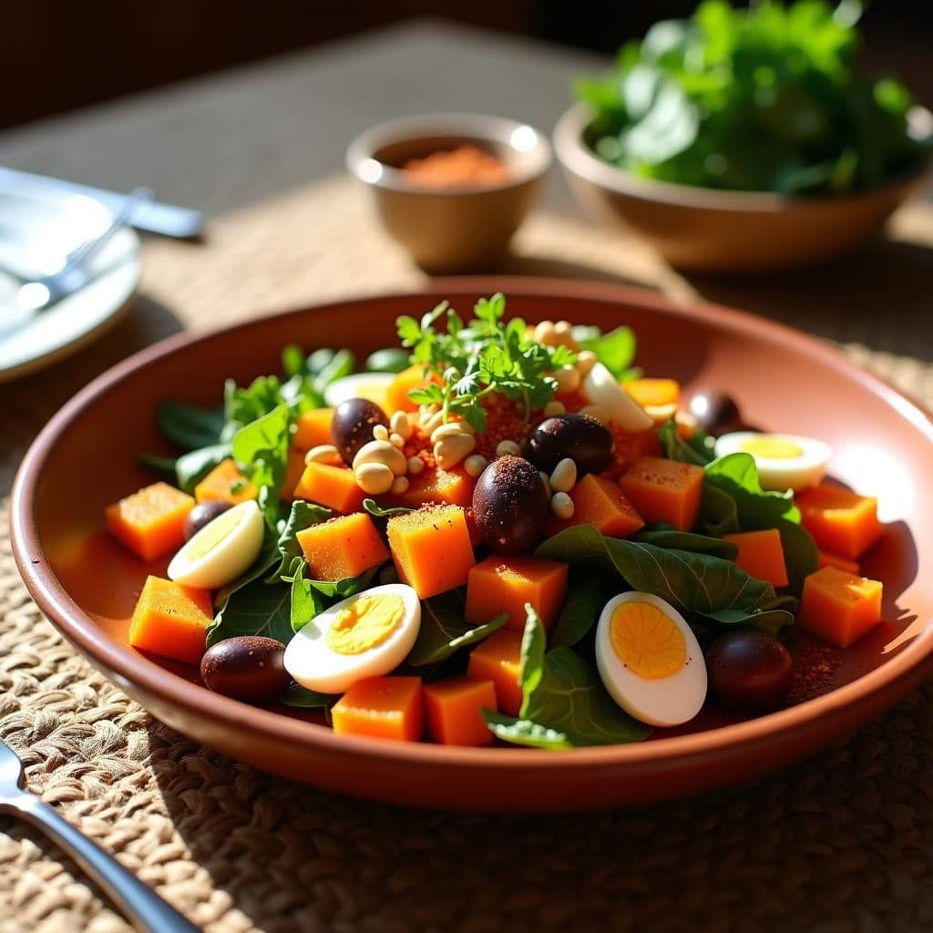 Ensalada valenciana de garnacha y escarola en fuente de barro, con cubos de calabaza naranja, hojas verdes de escarola, huevo duro en cuartos y aceitunas, bañada en vinagreta de romesco de color rojizo. Decorada con pimentón espolvoreado y almendras tostadas.