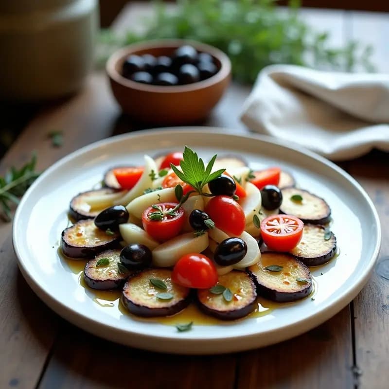 Ensalada griega colorida en un plato hondo de cerámica blanca, con berenjenas asadas doradas, aceitunas Kalamata negras, tomates cherry rojos, cebolla morada y hinojo fresco. Decorada con hojas de menta y un hilo de aceite de oliva virgen extra.