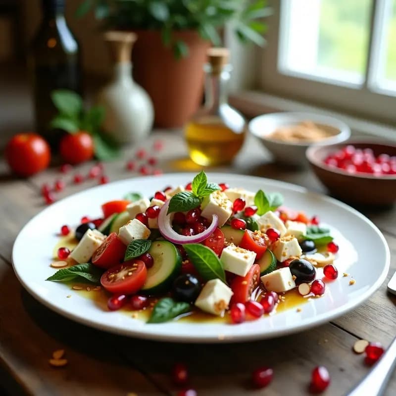 Ensalada griega fresca en un plato blanco con granos de granado rojos brillantes, queso feta en cubos, pepino, tomates cherry, aceitunas kalamata y almendras fileteadas. Decorada con hojas de menta y albahaca, bañada en una vinagreta dorada de miel y aceite de oliva.