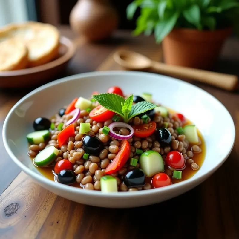 Ensalada griega vegana en bol de cerámica blanca con lentejas pardinas, aceitunas kalamata, pepino, tomate, cebolla morada y hierbabuena, aliñada con vinagreta de limón y orégano. Plato fresco y colorido con fondo de madera rústica.