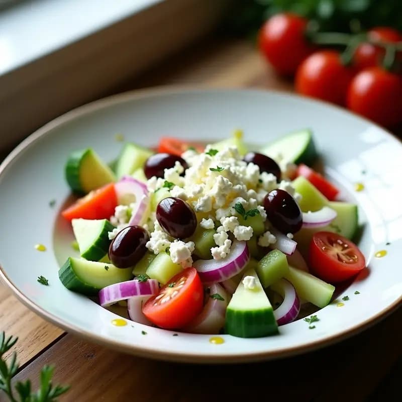 Ensalada griega keto servida en un bol de cerámica blanca con pepino, tomate cherry, cebolla morada, apio, aceitunas kalamata y queso feta desmenuzado, aliñada con aceite de oliva y orégano.