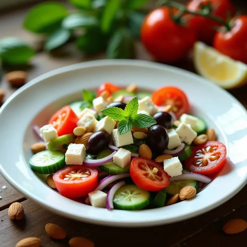 Ensalada griega sin lactosa en bol de cerámica blanca con pepino, tomate perla, queso de almendras en cubos, aceitunas kalamata, cebolla morada y pimiento verde, decorada con almendras tostadas y hojas de menta fresca.