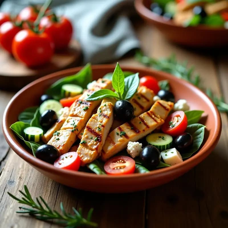 Ensalada griega colorida en bol de barro con pollo a la parrilla en tiras, aceitunas Kalamata negras, pepino asado, pimiento rojo, tomates cherry, queso feta desmenuzado y espinacas frescas. Vinagreta dorada brillante sobre los ingredientes, fondo rústico de madera.