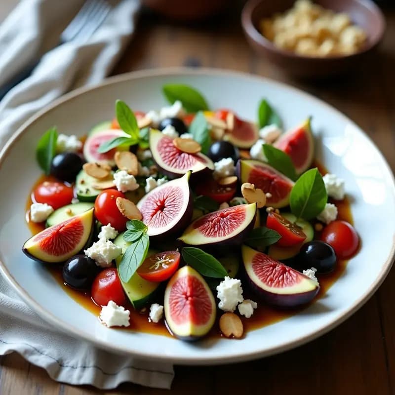 Ensalada griega fresca con higos ptolemais en cuartos, queso feta desmenuzado, tomates cherry, pepino, aceitunas Kalamata y almendras tostadas, bañada en vinagreta de miel de tomillo, decorada con orégano fresco y hojas de higo sobre un plato de cerámica blanca.