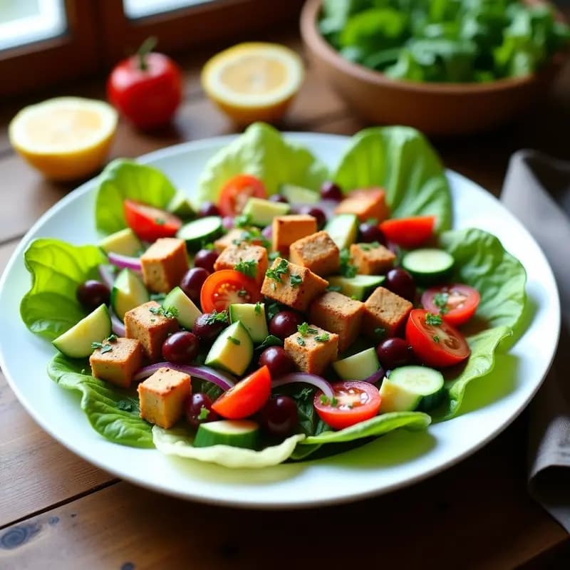 Ensalada griega vegana proteica en plato blanco hondo con tofu marinado dorado, aceitunas Kalamata brillantes, tomates cherry rojos, pepino verde, cebolla morada y almendras tostadas, servida con vinagreta de hierbas griegas.