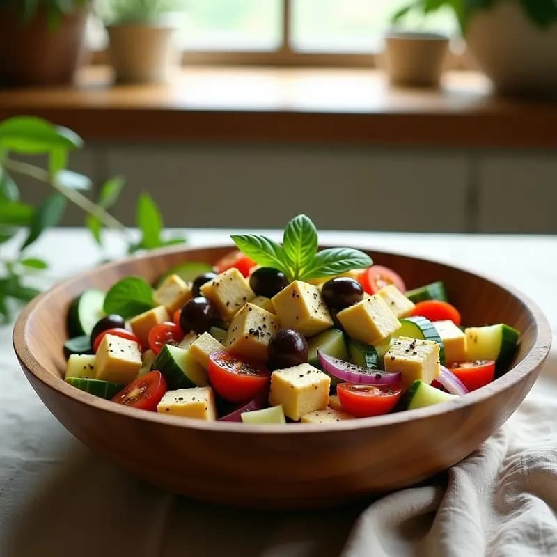 Ensalada griega vegana con tofu feta marinado, pepino, tomate, cebolla morada y aceitunas kalamata en una ensaladera de madera, decorada con albahaca fresca y un hilo de aceite de oliva.