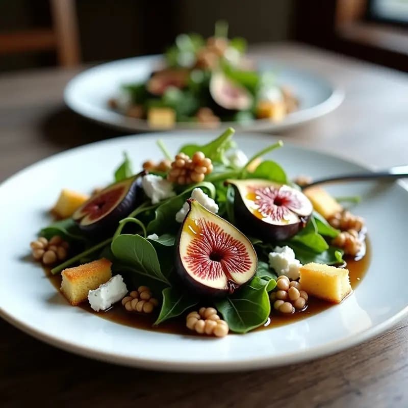 Plato blanco con ensalada de brotes tiernos, higos asados dorados cortados por la mitad, trozos de queso azul desmenuzado y nueces tostadas, aliñada con vinagreta de oporto brillante. Receta portuguesa gourmet.