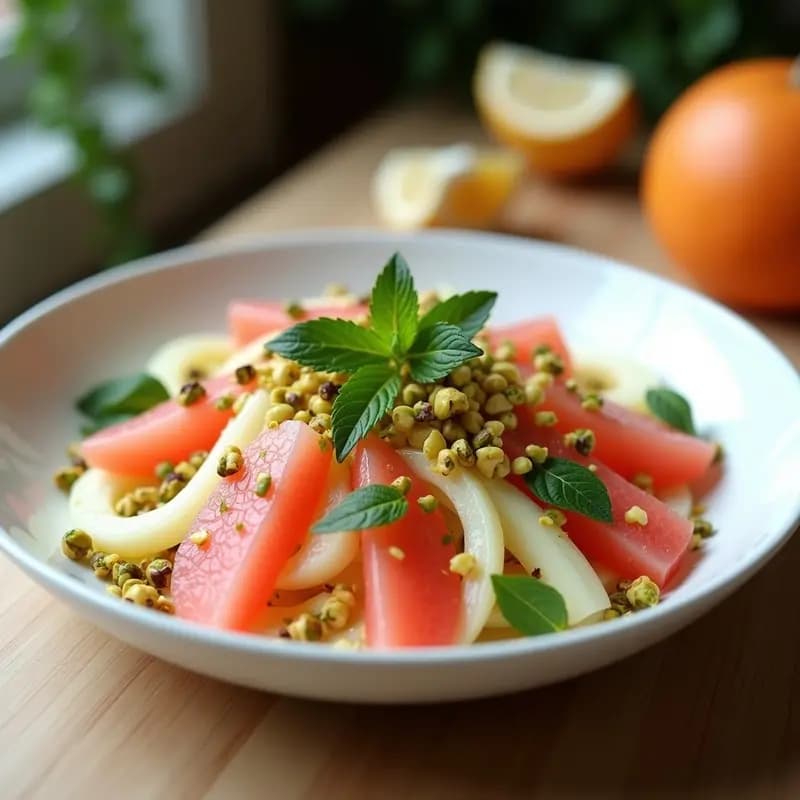 Ensalada italiana keto en bol blanco de cerámica: hinojo en juliana fina, gajos de pomelo rosa jugosos, pistachos picados y hojas de menta fresca, bañada en vinagreta cremosa de pistacho. Plato fresco y colorido sobre fondo rústico de madera clara.